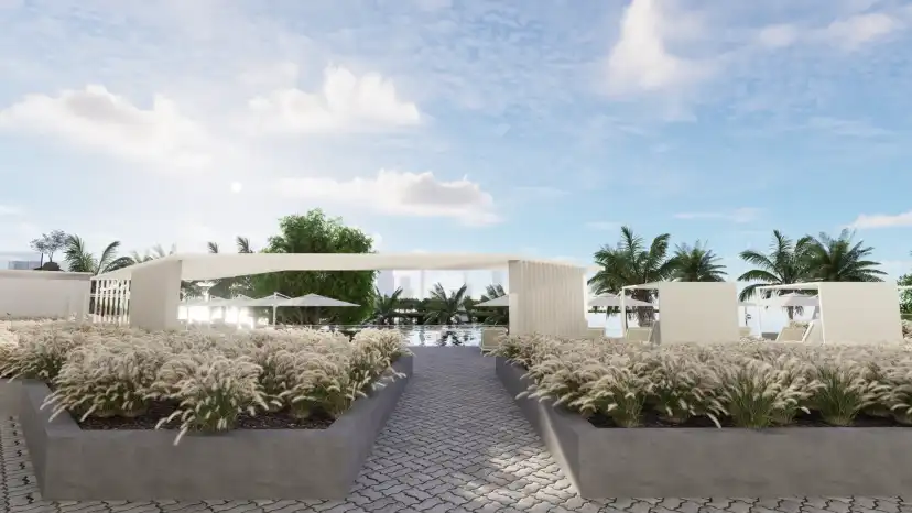 Landscaped podium garden with a pergola and the pool deck behind