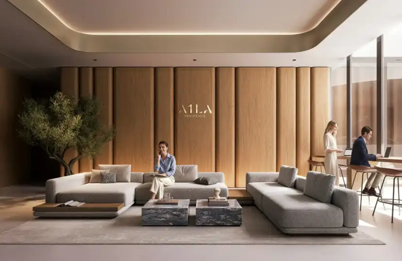 Lobby lounge with grey sofas, a timber feature wall and the A1LA sign