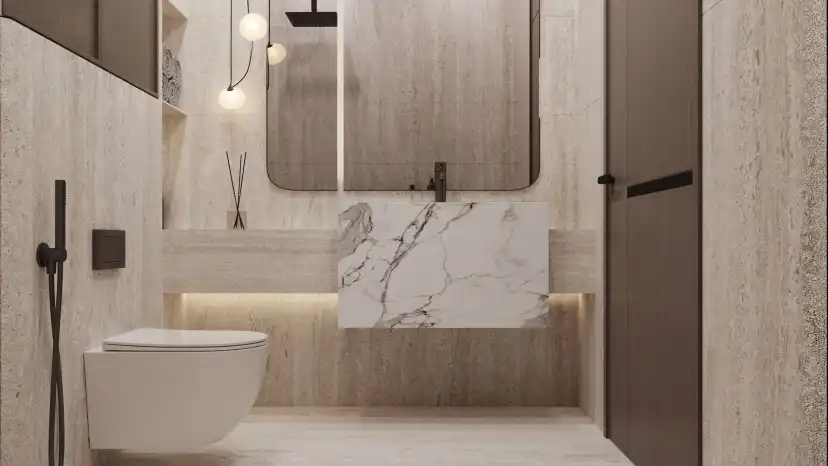 Reeman Residences marble-finished bathroom and vanity