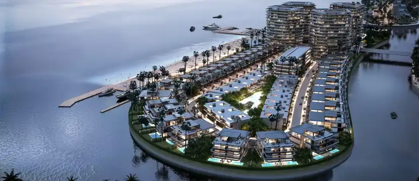 Aerial render of the island masterplan with villas around the waterways