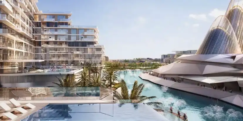 The Source pool deck and shaded seating overlooking the cultural district