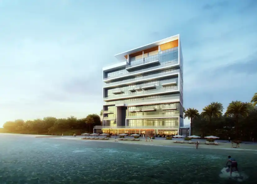 Render of Reem Five beside the beach with palm trees at sunset