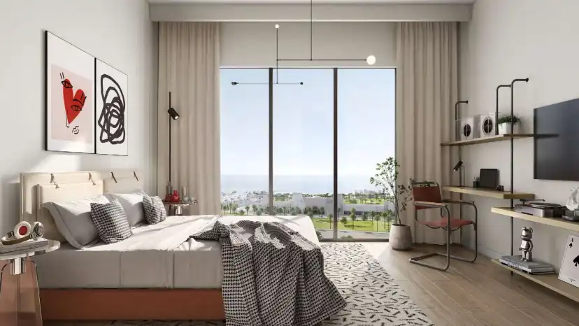 Manarat Living II illustrated bedroom with a desk beside the window