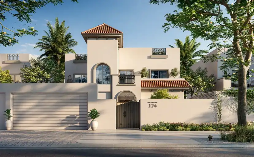 Villa with a tiled roof, an arched window and a garage