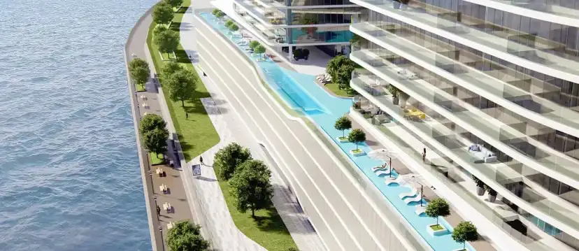 Aerial view of the long pool terrace beside the stepped balconies