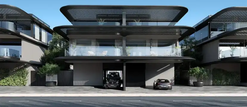 Villa facade with a covered garage and glazed terrace