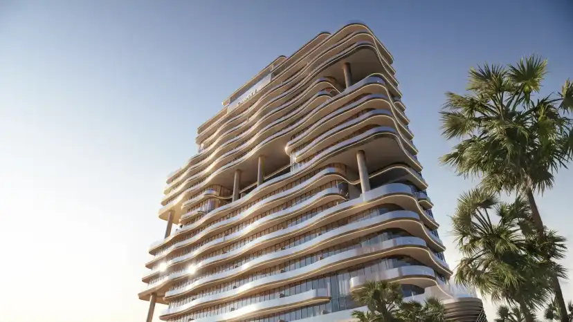 Render of the A1LA Residence tower with curved terraced balconies and palm trees