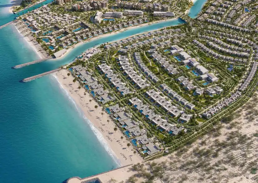 Aerial view of the Y Views cluster along the Bayn beachfront and waterway