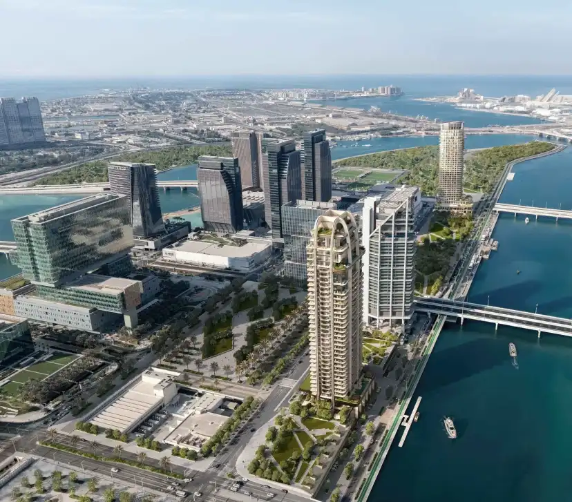 Aerial view of The Ritz-Carlton Residences tower on the Al Maryah Island waterfront