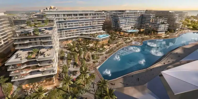 Aerial render of The Source within the wider Saadiyat Grove setting