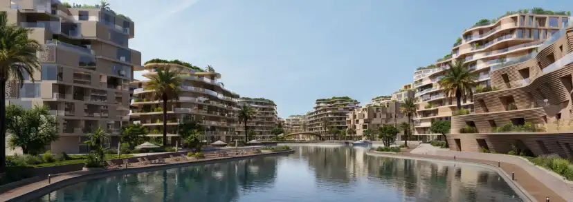 Waterfront terraces stepping down to the canal