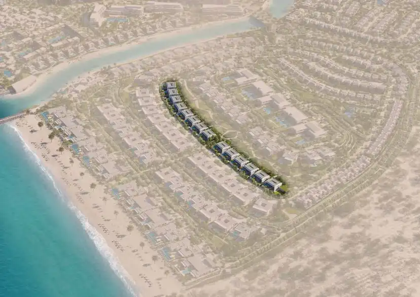 Aerial view with the Y Views villas highlighted along the beach