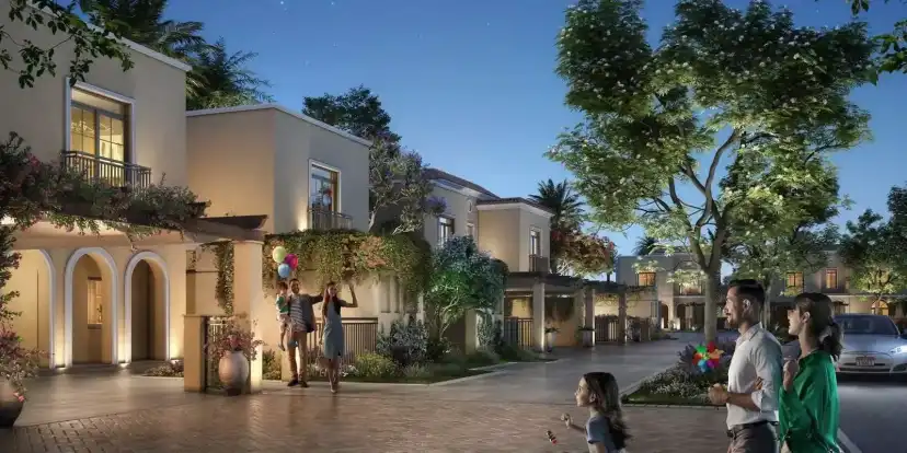 Yas Park Views villa streetscape with planted verges at dusk