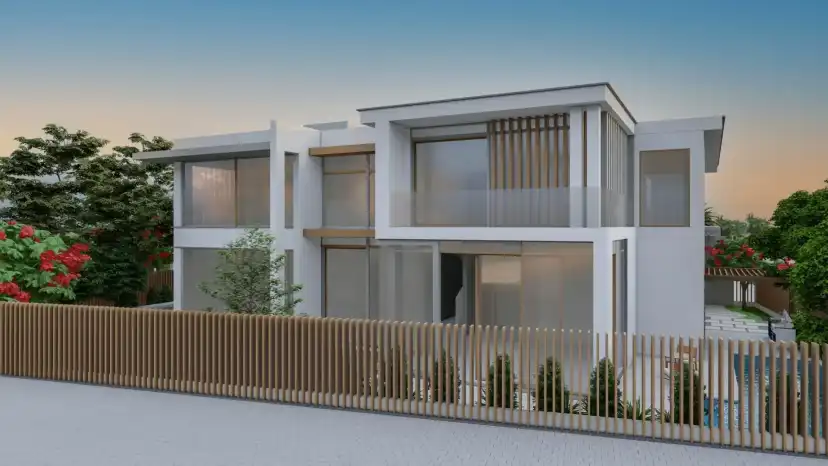 Rear of a six bedroom villa behind a timber fence