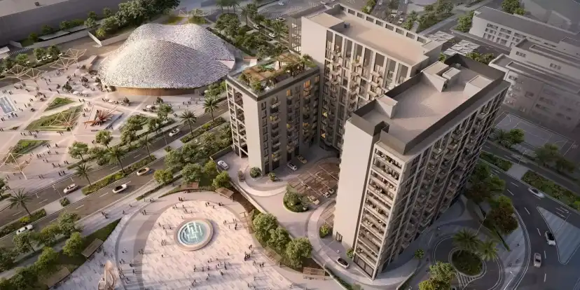 Aerial render of Manarat Living apartment buildings and rooftop pools on Saadiyat