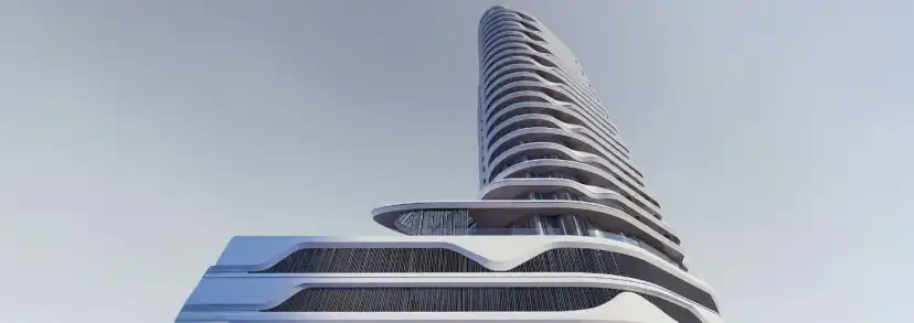 Wide render of the tower rising from its curved podium