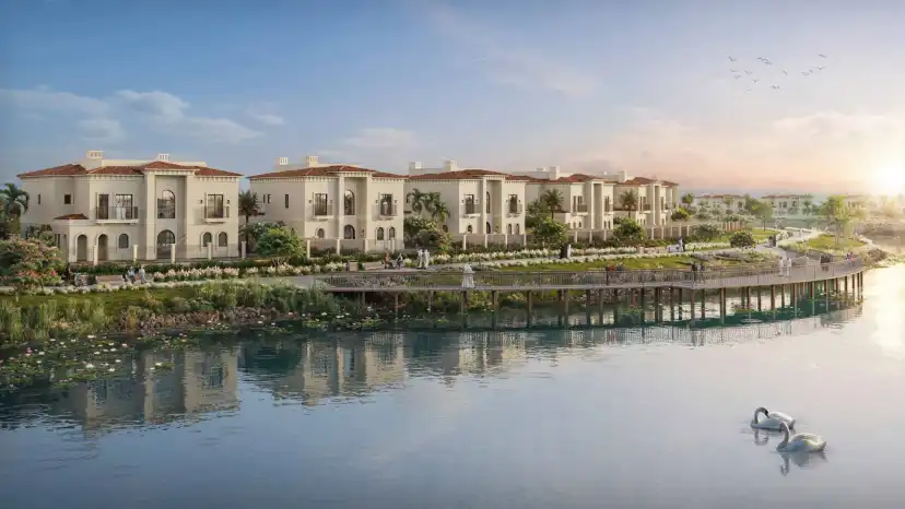 Malaga lake-facing villa elevation and waterfront landscaping