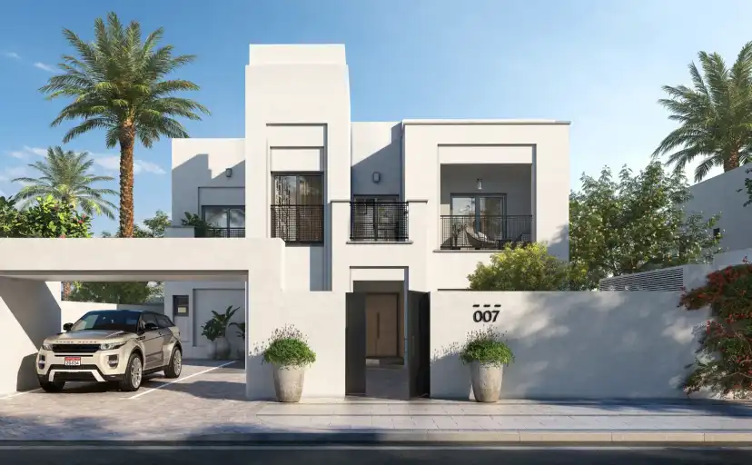 Villa with a white flat-roofed facade and a driveway