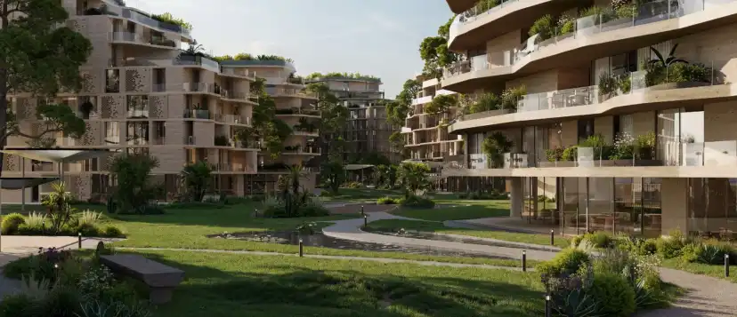 Green terraces and a garden between the buildings