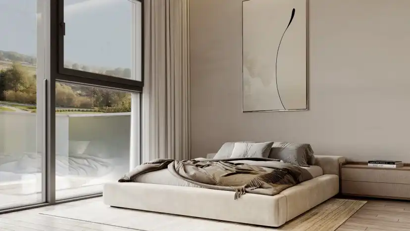 Reeman Residences bedroom with full-height window glazing