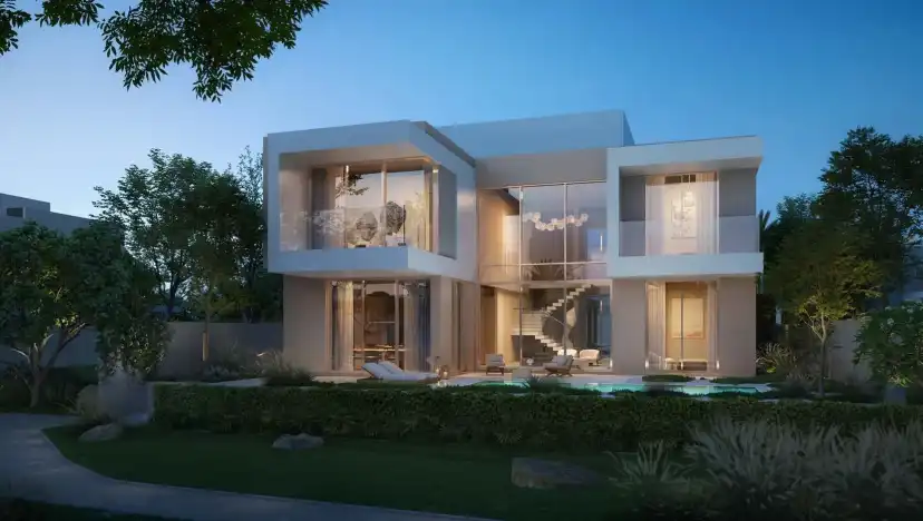 Double Height villa with a glazed staircase and a garden at dusk