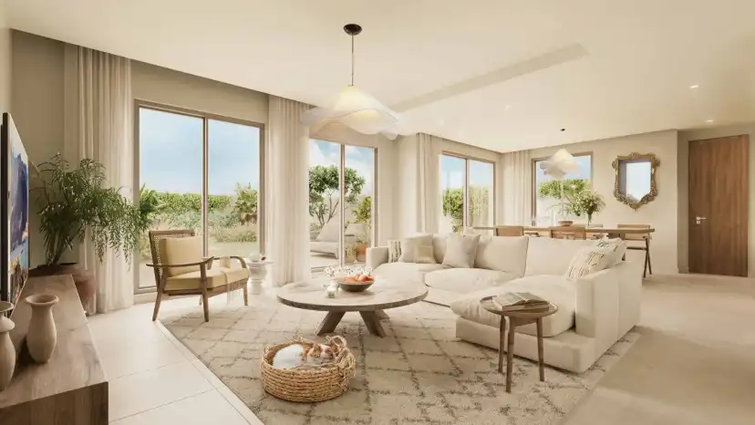Carmona living and dining interior with woven seating details