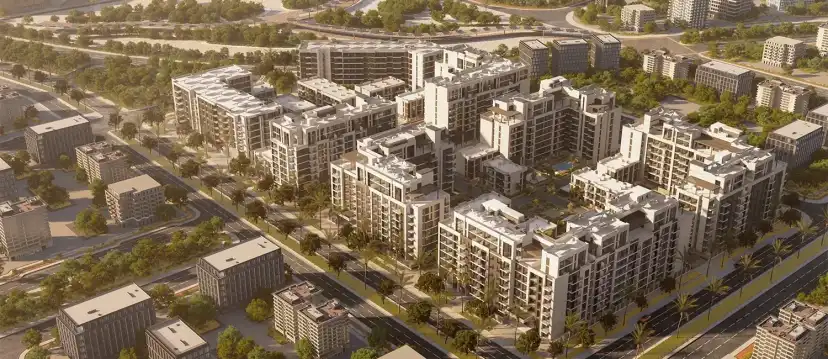 Aerial render of the six clusters and their courtyards