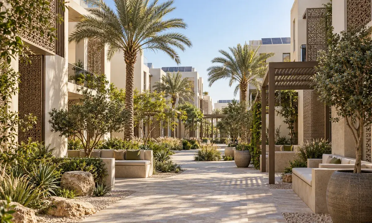 AI illustration of a shaded residential courtyard with rooftop solar panels