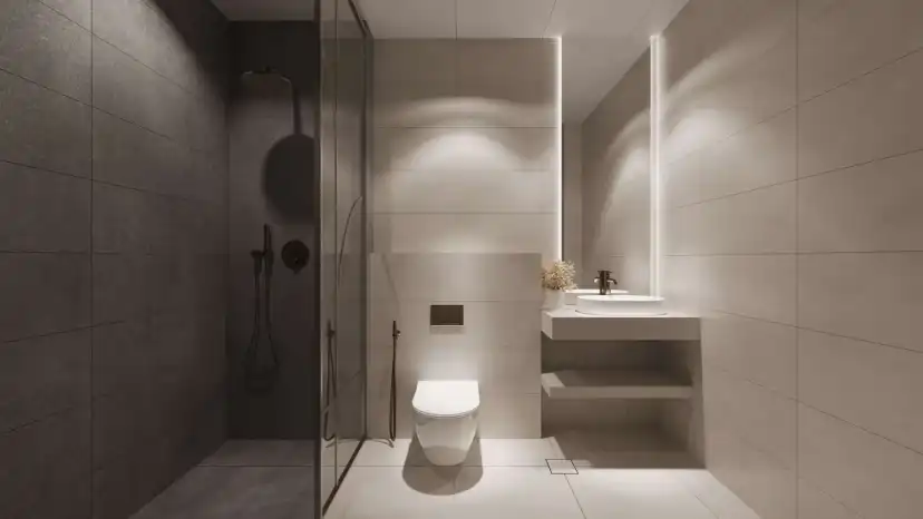 Bathroom with a glazed shower, a floating vanity and large wall tiles