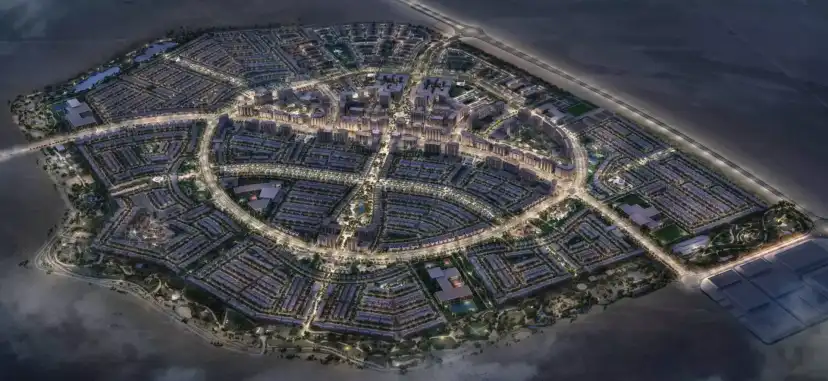 Aerial community render of Al Ghadeer 2 homes and green spaces