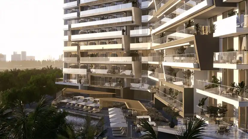 Balconies and terraces of the tower facing the water