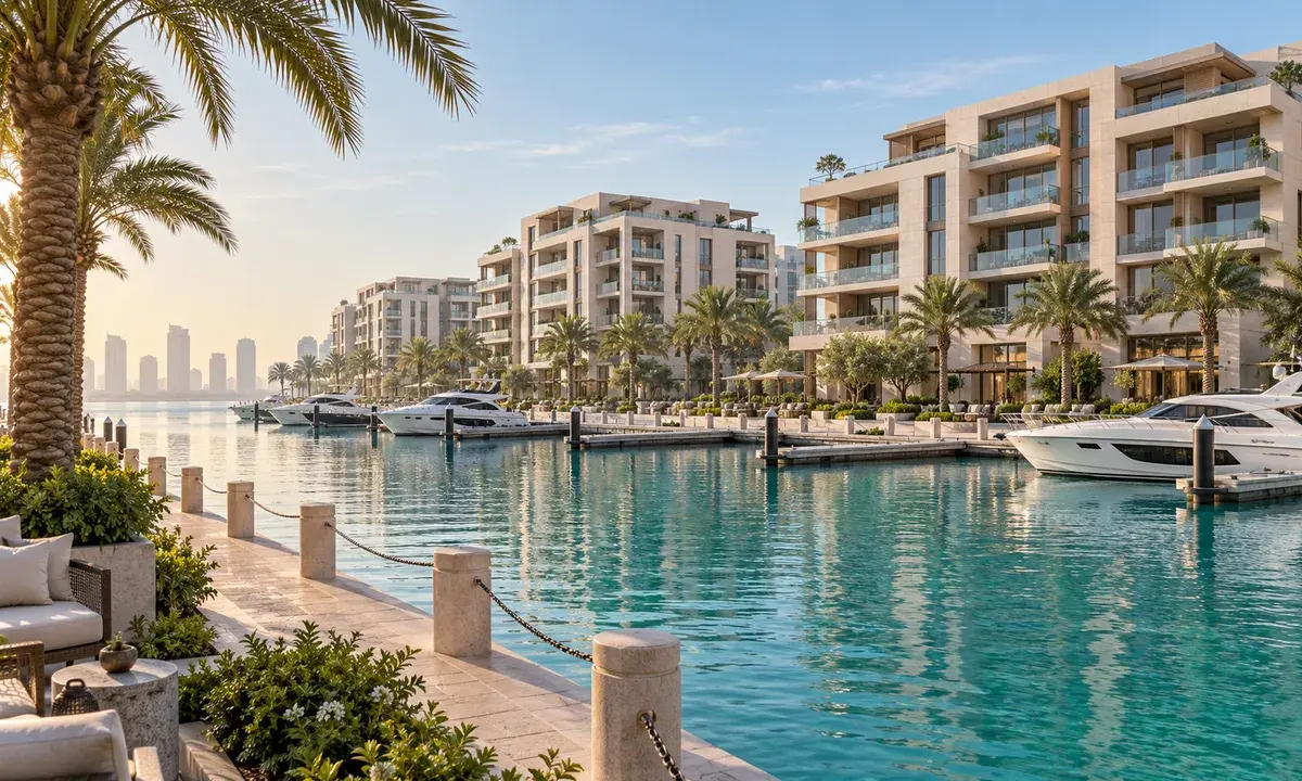 AI illustration of waterfront apartments beside a UAE marina