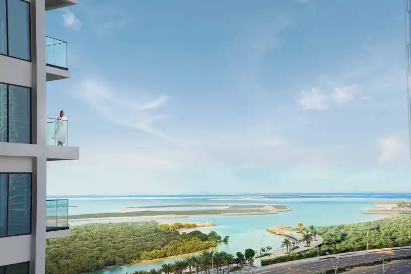 Balcony view over the mangroves and the sea from an apartment