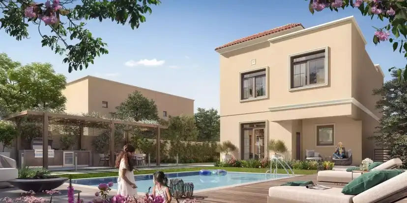 Yas Park Views outdoor swimming pool beside a Mediterranean-style villa