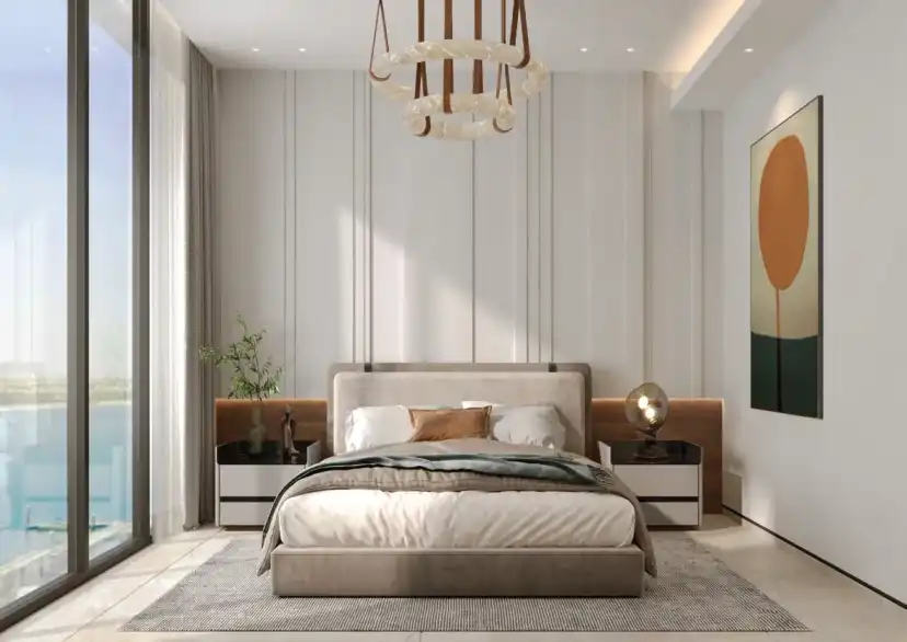 Bedroom with floor-to-ceiling windows, a round pendant light and an upholstered bed