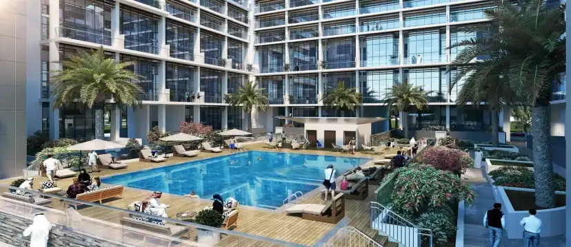 Pool courtyard with decks and palms