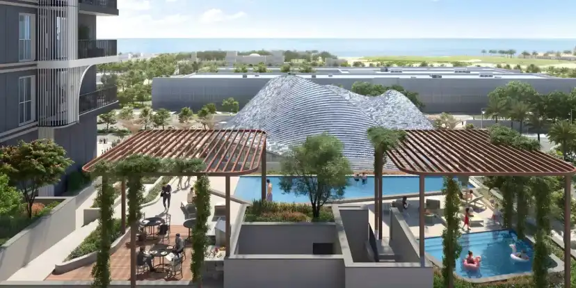 Manarat Living II rooftop pool looking towards Saadiyat Cultural District