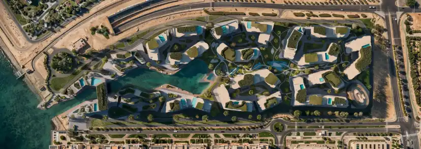 Aerial render of the terraced clusters and water features