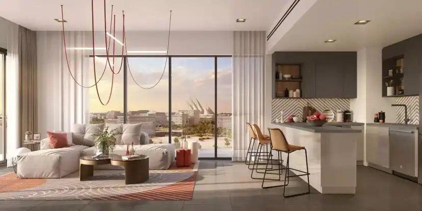 Manarat Living open kitchen and living room with a balcony