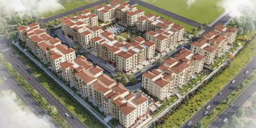 Aerial render of Granada low-rise apartment buildings and landscaped courtyards