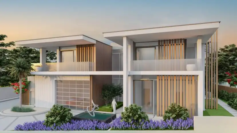 Front of a six bedroom garden villa with planting and a pool