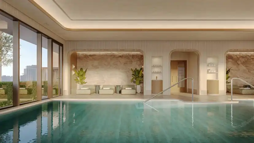 Temperature-controlled indoor pool with large windows