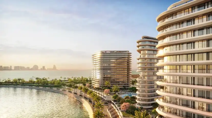 Aerial view of the towers along the Yas Bay promenade