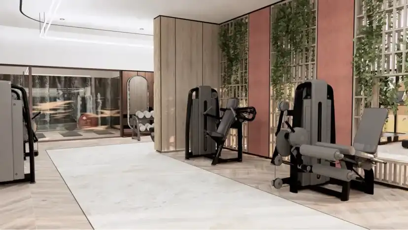 Gym with weight machines, plants and timber screens