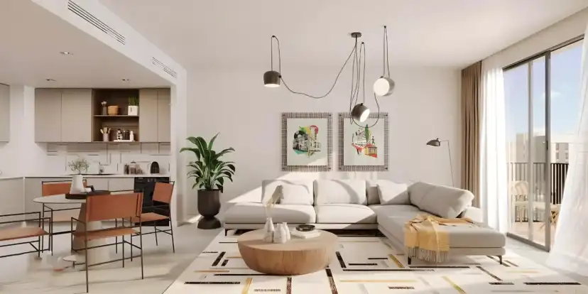 Reeman Living open kitchen, dining and light-toned living area