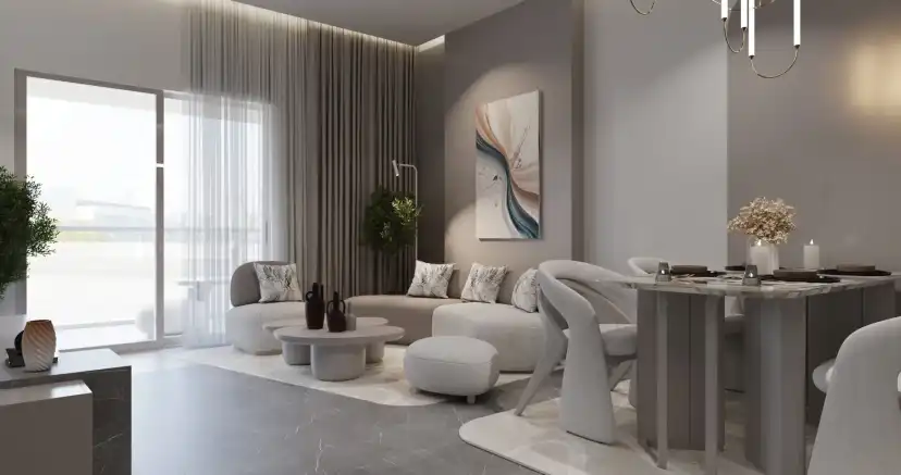 Living and dining room with a curved sofa, a dining table and a balcony door