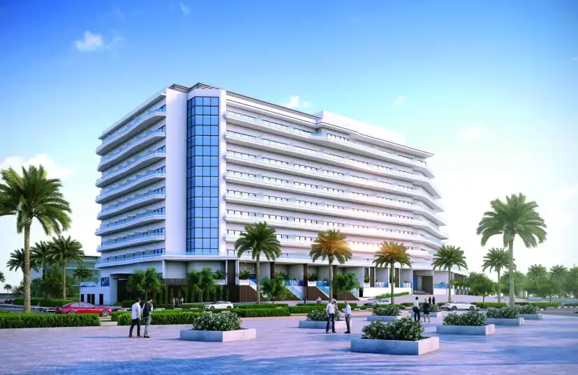 Corner view of the Mayyas building with its blue glass stair core