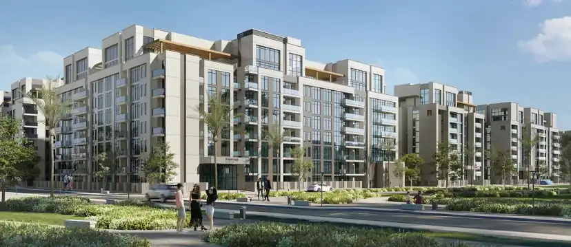 Apartment building facade with a landscaped frontage