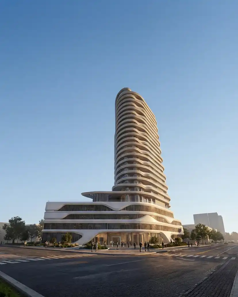 Render of the Flow25 tower with curved balconies rising from the street corner