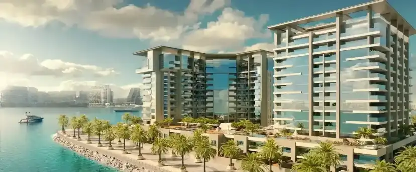 The Bay Residence II buildings along the shore with landscaped gardens